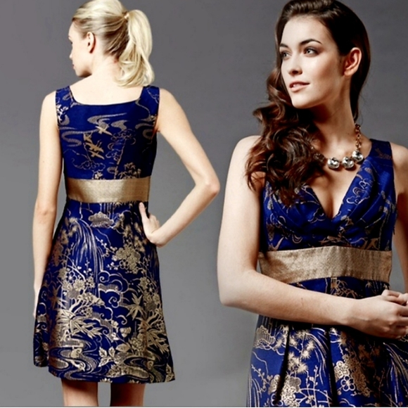 Anthropologie Eva Franco Navy Blue & Gold Tapestry Party Dress sz 2 - Picture 11 of 12